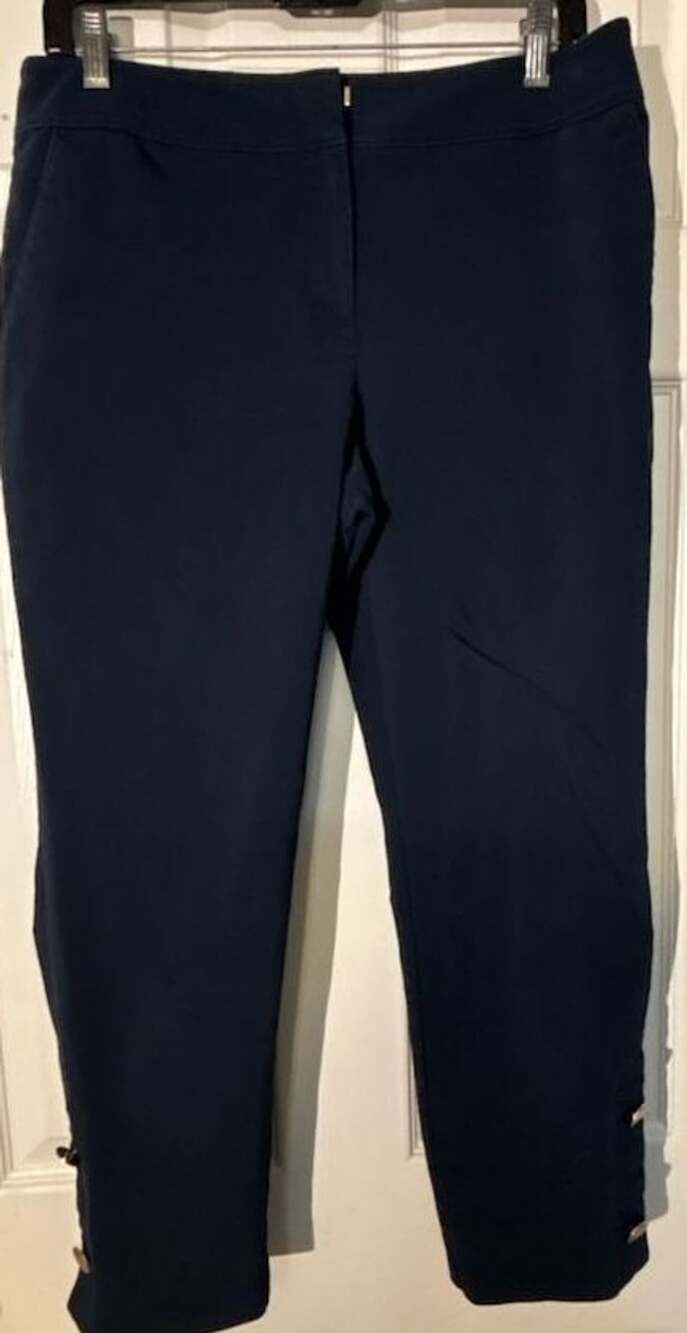 Ann Taylor Factory Pants Size 4 Navy Blue Ankle Work Trousers Button Hem